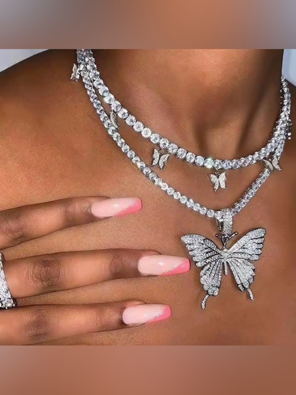 Butterfly Pendant Necklace chocker diamonds Crystals paved adjustable